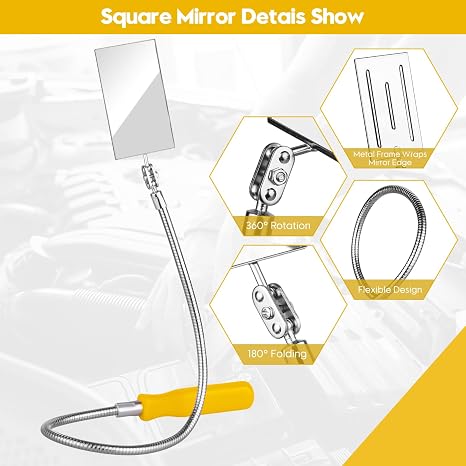Telescoping & Bendable Inspection Mirror Round & Square Heads, Black/Yellow