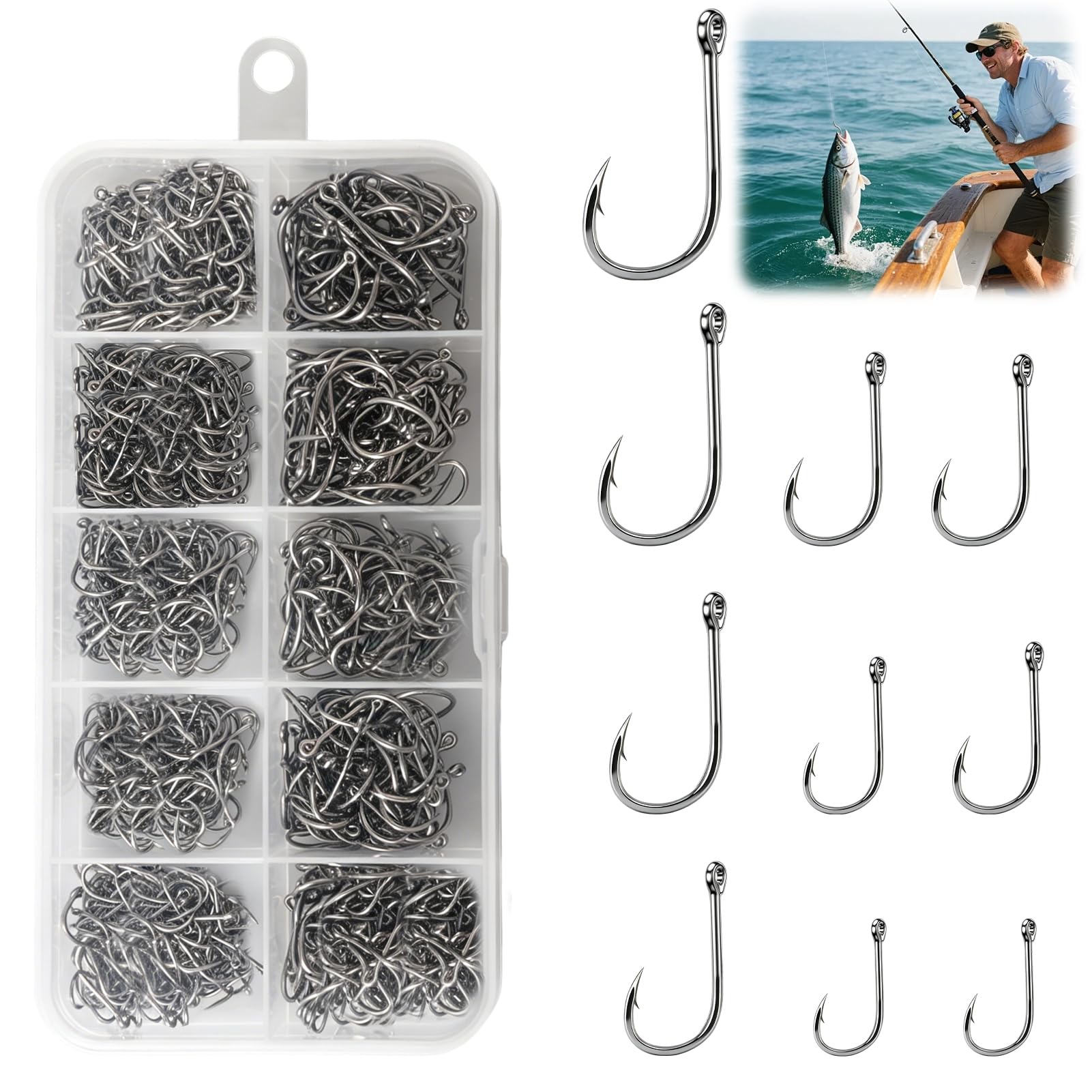 500 Pcs Fishing Hooks Set 10 Sizes Carbon Steel Carp Hooks, No.3-No.12