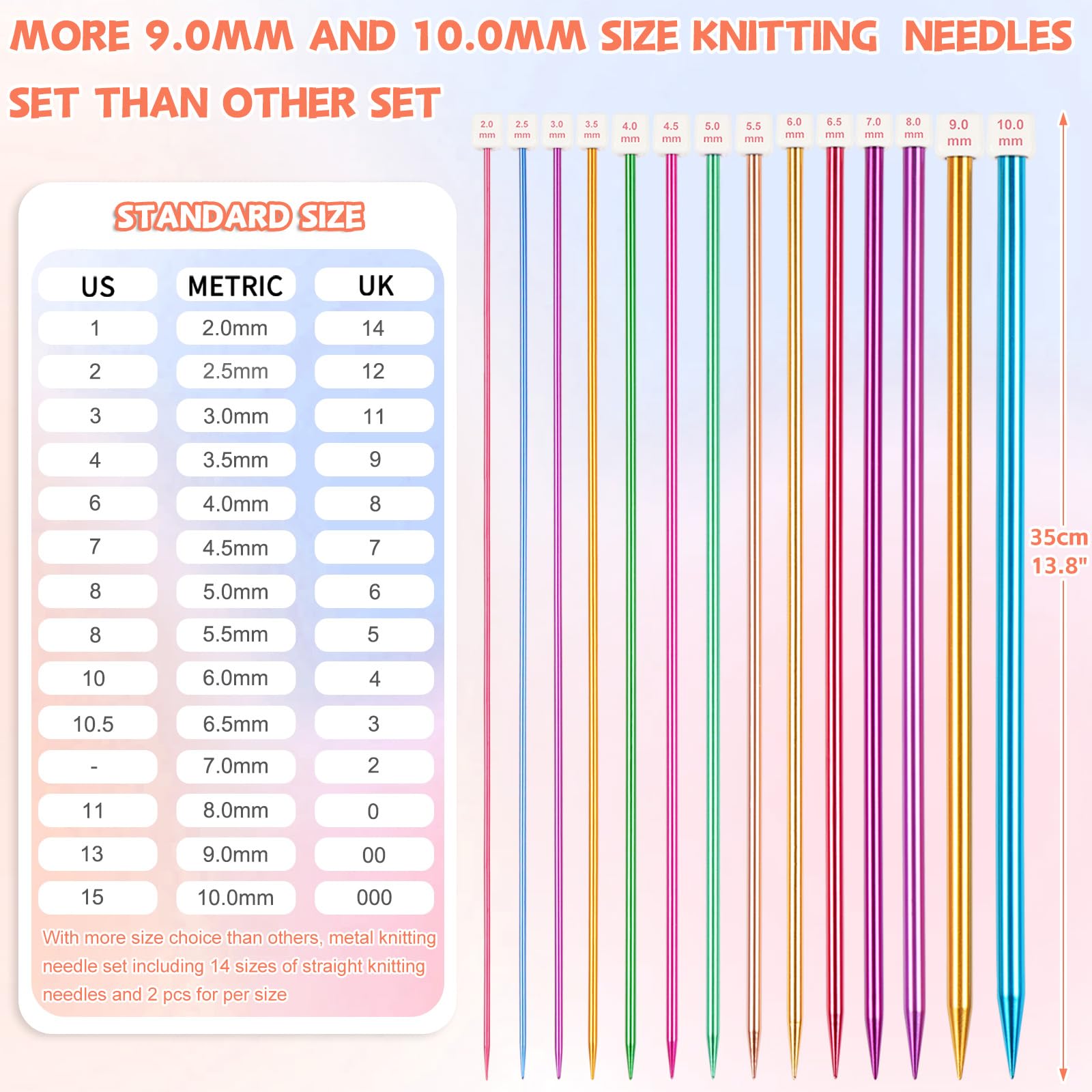 Reessy, Set di Ferri da Maglia Colorati - Lunghezza 35 cm, 28 Pezzi / 14 Coppie, Ferri da Maglia Singoli in Alluminio da 2 mm a 10 mm, Ferri da Maglia Lunghi, Dritti in Metallo con Morbida Valigetta