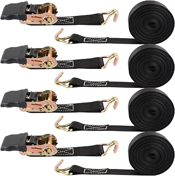 YOUNTHYE 4x800kg Ratchet Straps with Hooks, 25mm x 6m Heavy Duty Ratchet Tie Down Straps for Truck, Trailer, Cargo Rack, Motorcycle, Other Outdoor Equipment Black