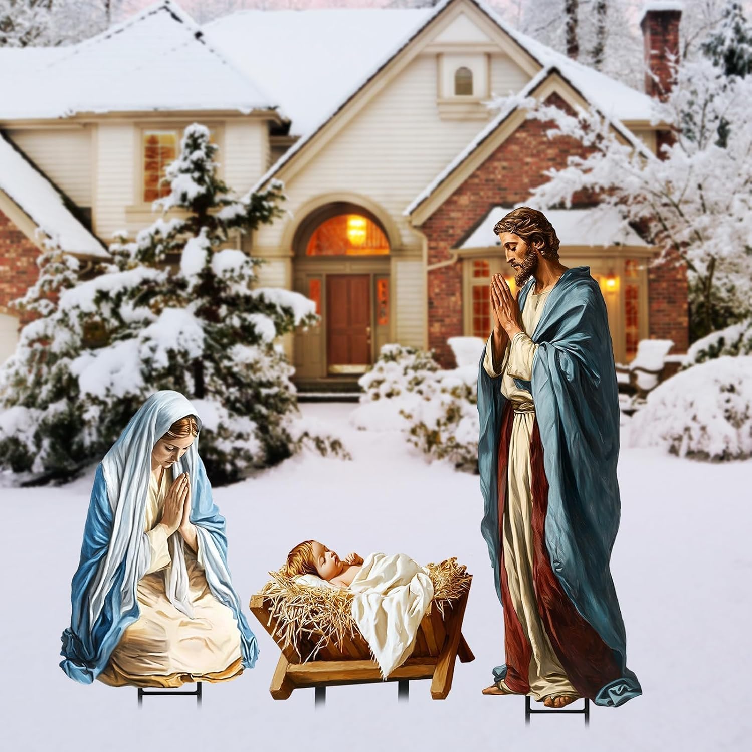 Large Nativity Scene Yard Metal Signs Stakes, 3pcs 38" Rustic Realistic Nativity Scene Christmas Decorations Outdoor, Christian Xmas Decor for Lawn Front Door Garden Home Farmhouse Patio Porch Outside