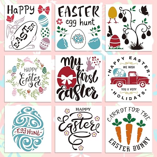 9 plantillas de plantillas de Pascua, 8 x 8 pulgadas, reutilizables, de plástico, para dibujo, manualidades, juegos de plantillas de pintura para
