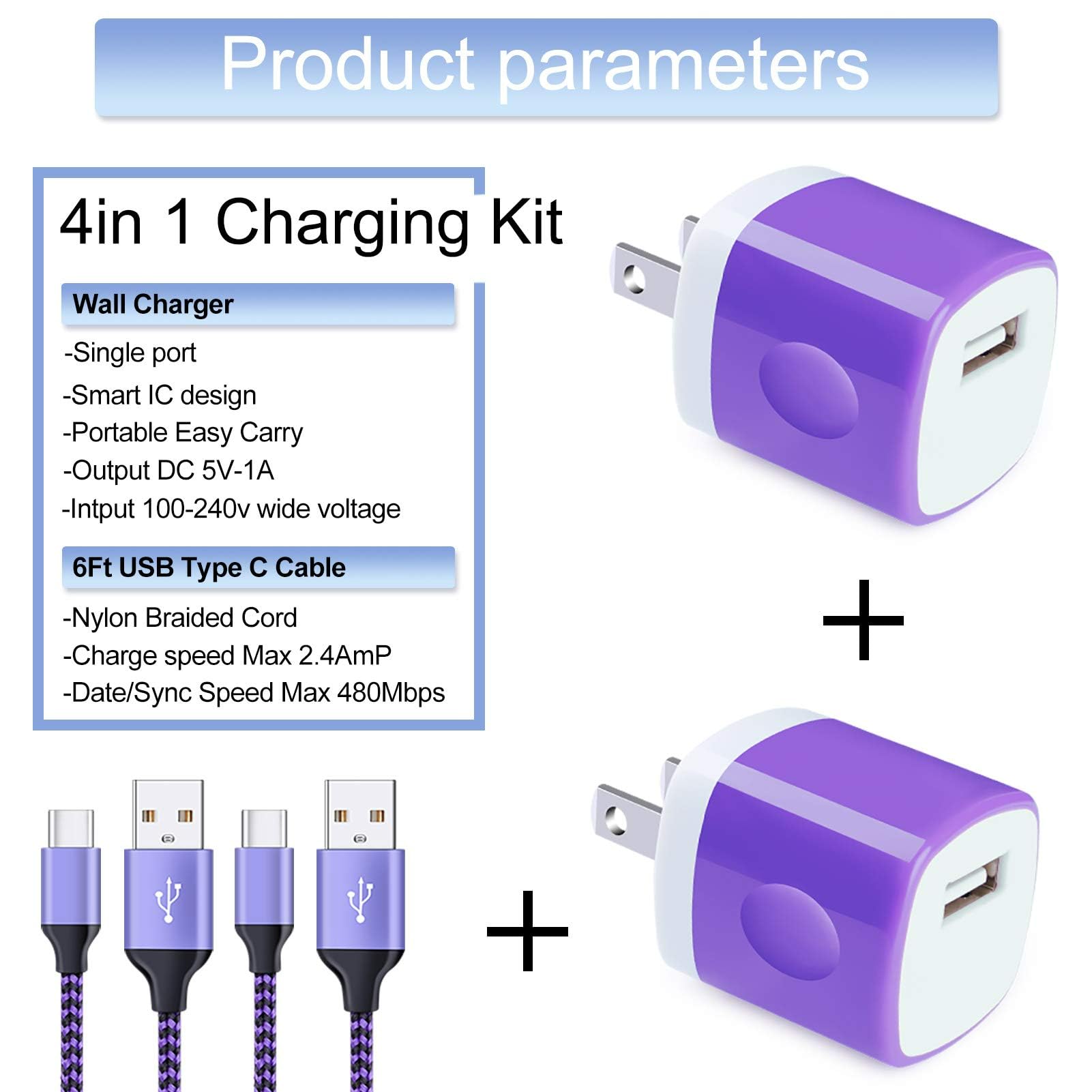 Fast Charging USB Type C Wall Charger for Samsung Galaxy Note 20/10 S24 S23 S22 S21 S20 FE/Ultra 5G S10 A35 A55 A15 A54 A14 A51 A20,5V/1A Single Power Adapter Charger Block Cube 6ft USB C Cable,2Pack