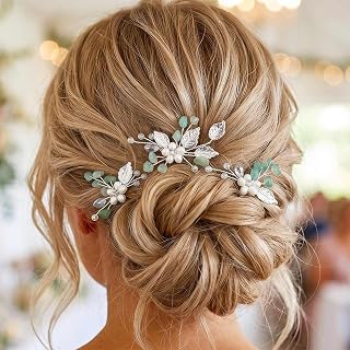 HEREAD Pearl Wedding Hair Pins Green Leaf Accessories for Women(Pack of 3) | Silver Flower Bridal Hair Clips Piece for Brides