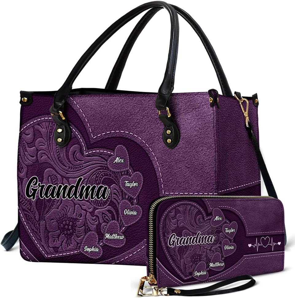 Personalized Combo Leather Wallet And Bag - Stylish Matching Handbag Set for Grandma Mom, Meaningful Family Keepsake, Birthday Mother's Day Holiday Present - Grandma Mommy's Little Sweethearts