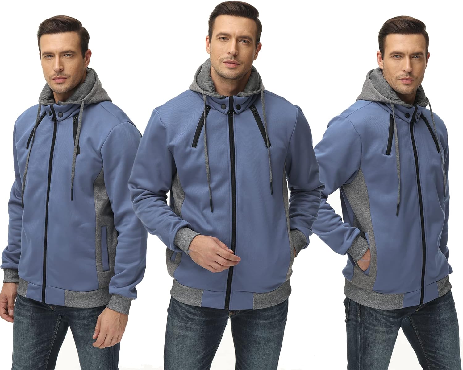 YuKaiChen Men's Hooded Jacket Slim Fit Double Zipper Turtleneck Fleece Hoodie Outerwear