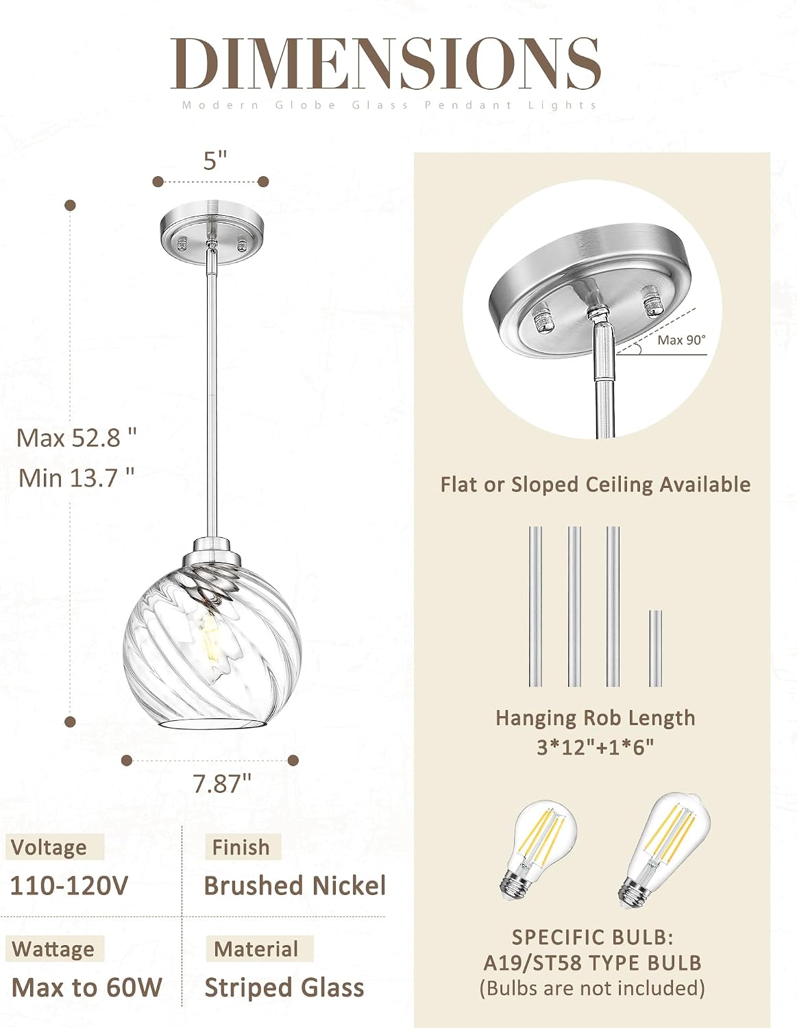 8 Inch Modern Farmhouse Pendant for Kitchen Island, Adjustable Height Hanging Fixture with Ribbed Glass, Brushed Nickel, Dining Room Entryway - PL101SBN-L