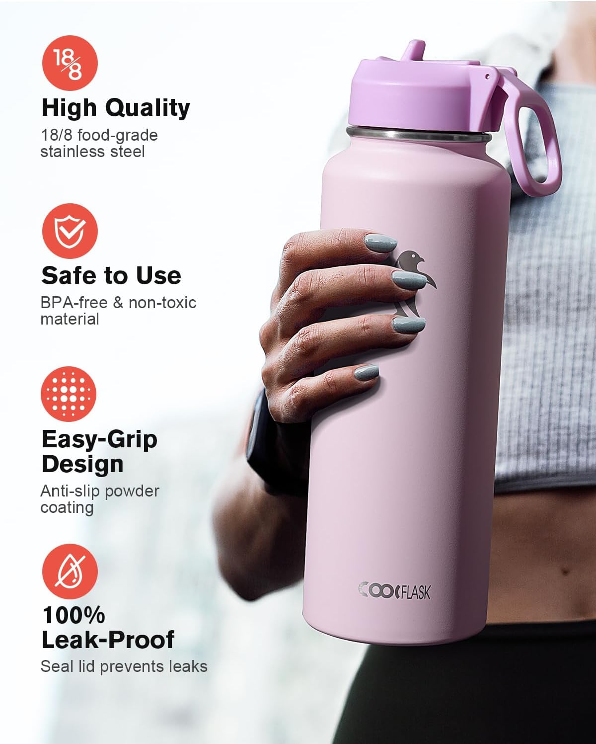 Coolflask Water Bottle 40 oz Insulated with Straw, Stainless Steel Metal 3 Lids Water Flask for Sports or Office, Keep Cold 48H Hot 24H, Pink - Image 3