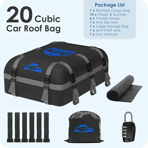 Rymopuey Coffre de Toit Voiture 20CFT/566L, Coffre de Toit Voiture étanche 1000D Oxford, Coffre de Toit Avec Tapis Antidérapant et 10 Sangles D'arrimage, Coffre de Toit Plegable con/sin Bacas - 9