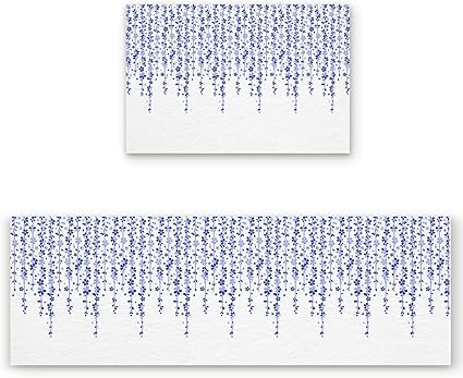 Amazon キッチンマット 台所マット 玄関マット フランネル 北欧 おしゃれ 桜の花 藤の花 春 花柄 イラスト ブルーとグレー 防汚 滑り止め ズレにくい 洗濯可能 キッチン オフィス 室内 室外に対応 廊下敷き玄関ラグ チェアマット 60x90cm 60x180cm 2枚セット