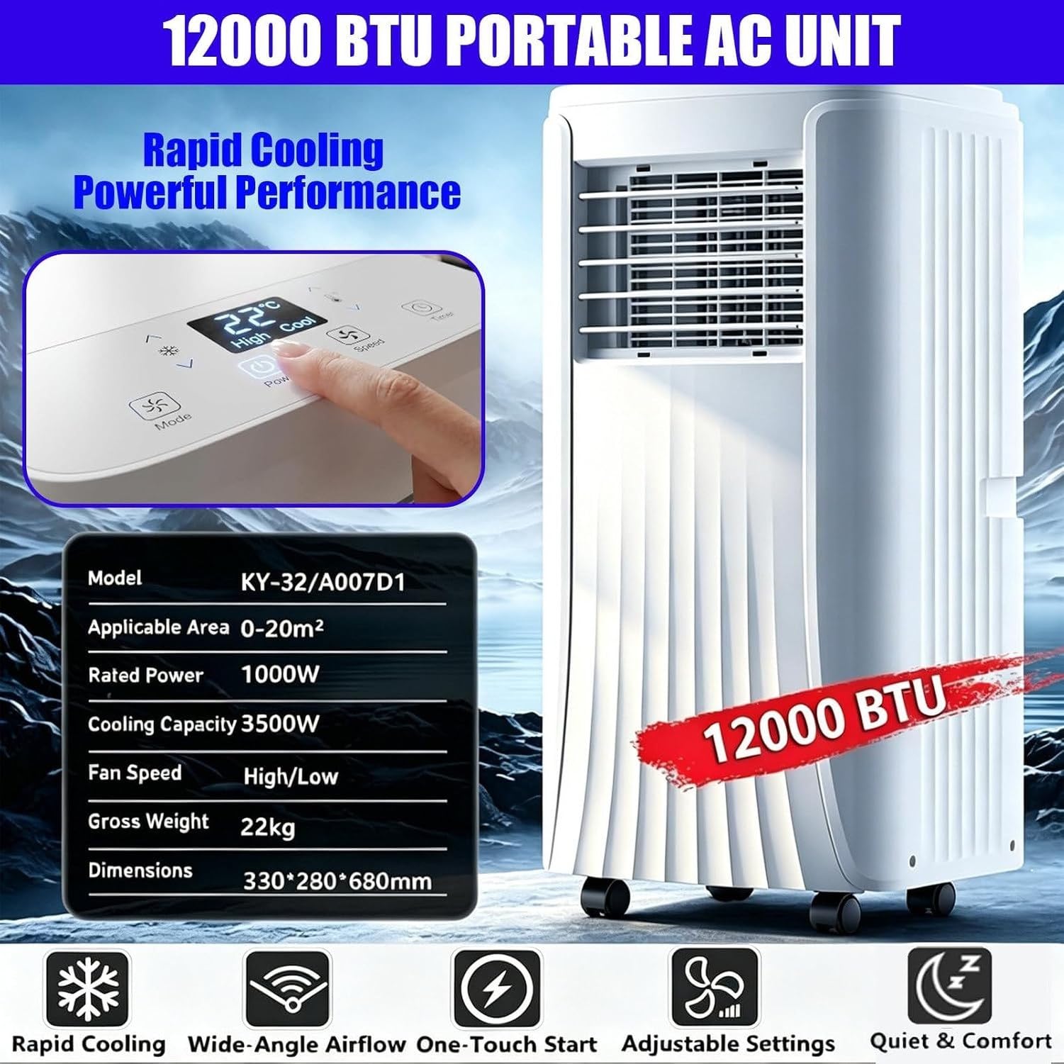 Aire Acondicionado Portátil 12000BTU Silencioso, Enfriador 3 en 1 Eficiente con Control Remoto, para Habitación Oficina Camping Uso Doméstico Sin Control por Vo