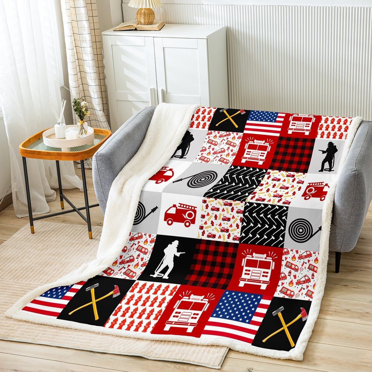 Feelyou Firefighter Blanket 60"x80" for Bed Sofa Couch Fire Truck Throw Blanket Equipment Trucks Fleece Blanket Red Patchwork Sherpa Blanket for Boys Girls Kids Adults