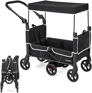 Kolcraft 2-Kid Stroller Wagon, Zero-Turn 360° Steering, Lightweight 27 lb Foldable Wagon Stroller with Push/Pull Handle, 110 lb Capacity, UPF 50+ Canopy, All-Terrain EVA Wheels, 5-Point Harnesses