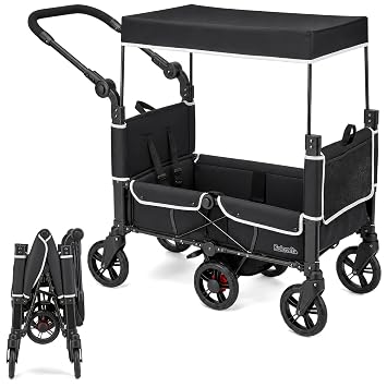 Kolcraft 2-Kid Stroller Wagon, Zero-Turn 360 Steering, Lightweight 27 lb Foldable Wagon Stroller with Push/Pull Handle, 110 lb Capacity, UPF 50+ Canopy, All-Terrain EVA Wheels, 5-Point Harnesses