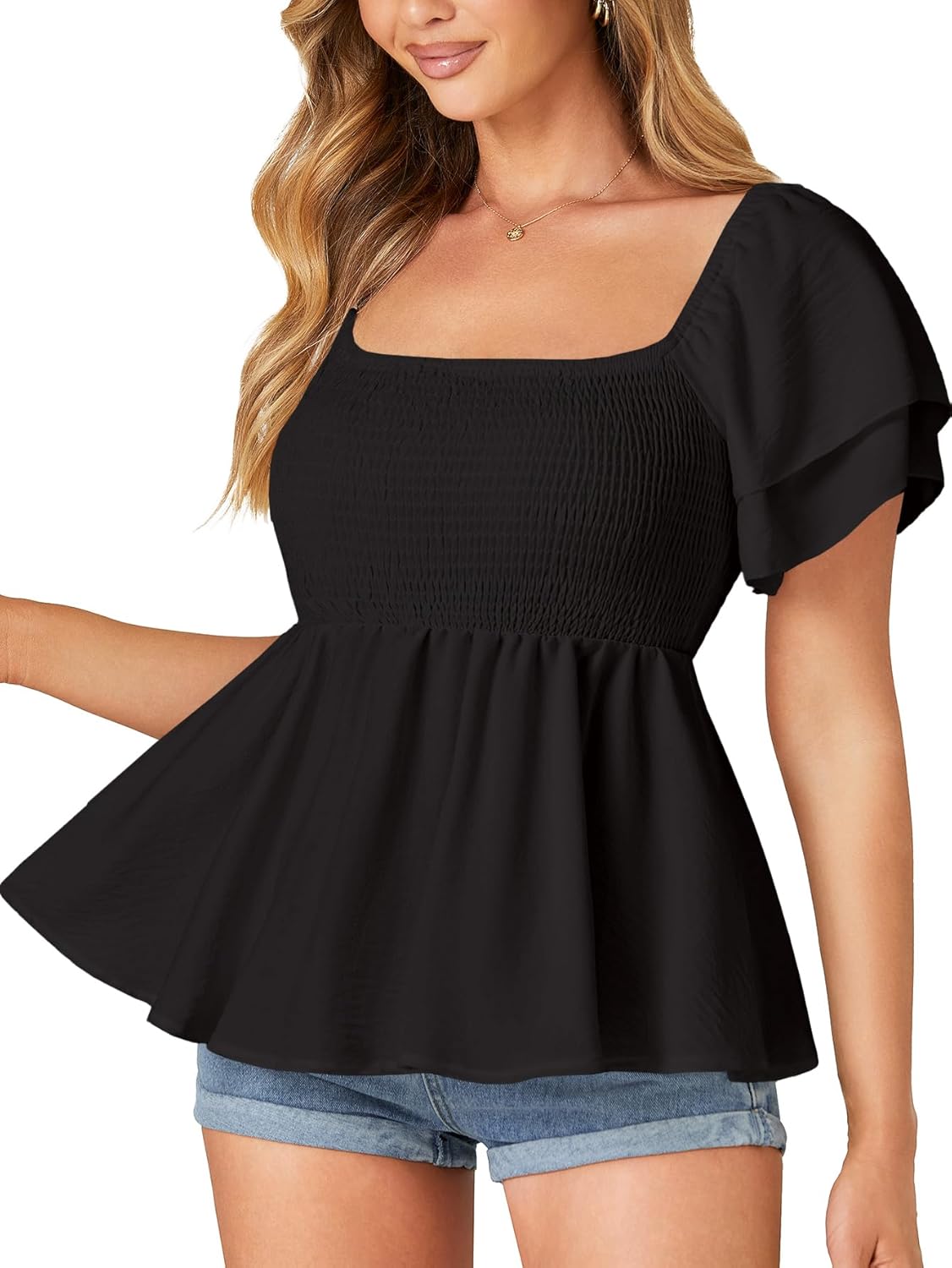 LYANER Women's Square Neck Smocked Peplum Top Ruffle Short Sleeve Babydoll Shirred Blouse - Image 3
