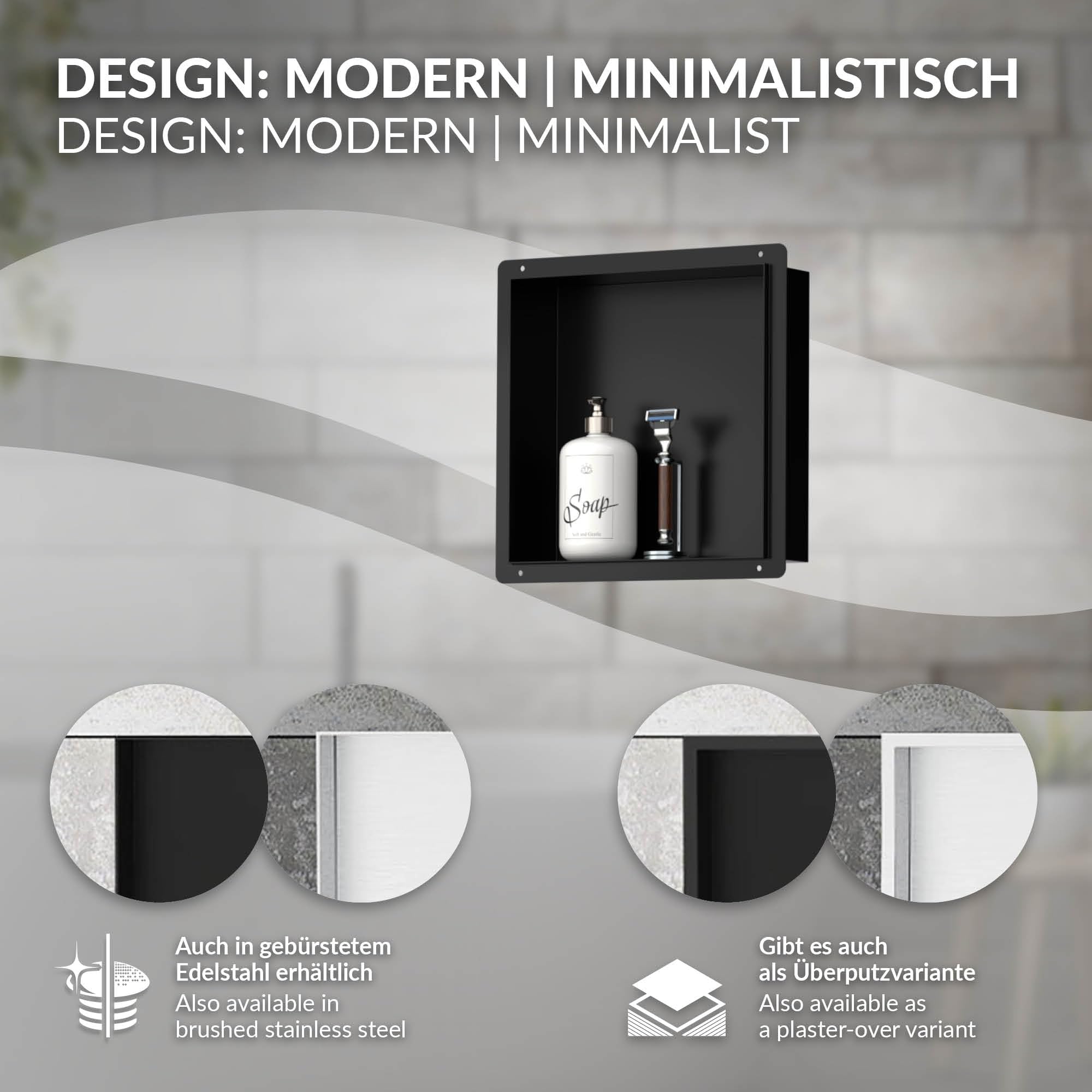 LuxeBath Nicho de Ducha de Acero Inoxidable 30x30x10cm cm Negro Marco de Pared Empotrado Alicatable Estante Integrado Instalación Flexible para Almacenamiento Organizador de Utensilios para Baño