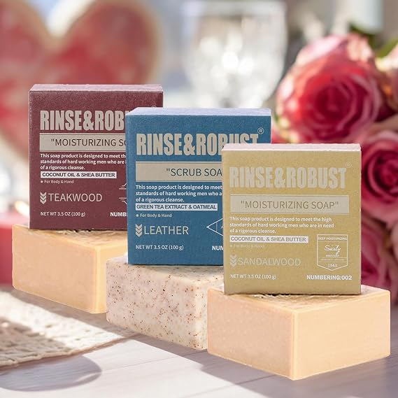 Soap Bar Gifts for Men-3Pack Cleansing Hand Soap Soap Set,Leather, Sandalwood, Teakwood Mens Soap| 3.5 oz of 3 Bars Christmas Valentine's Day Father Day Gifts