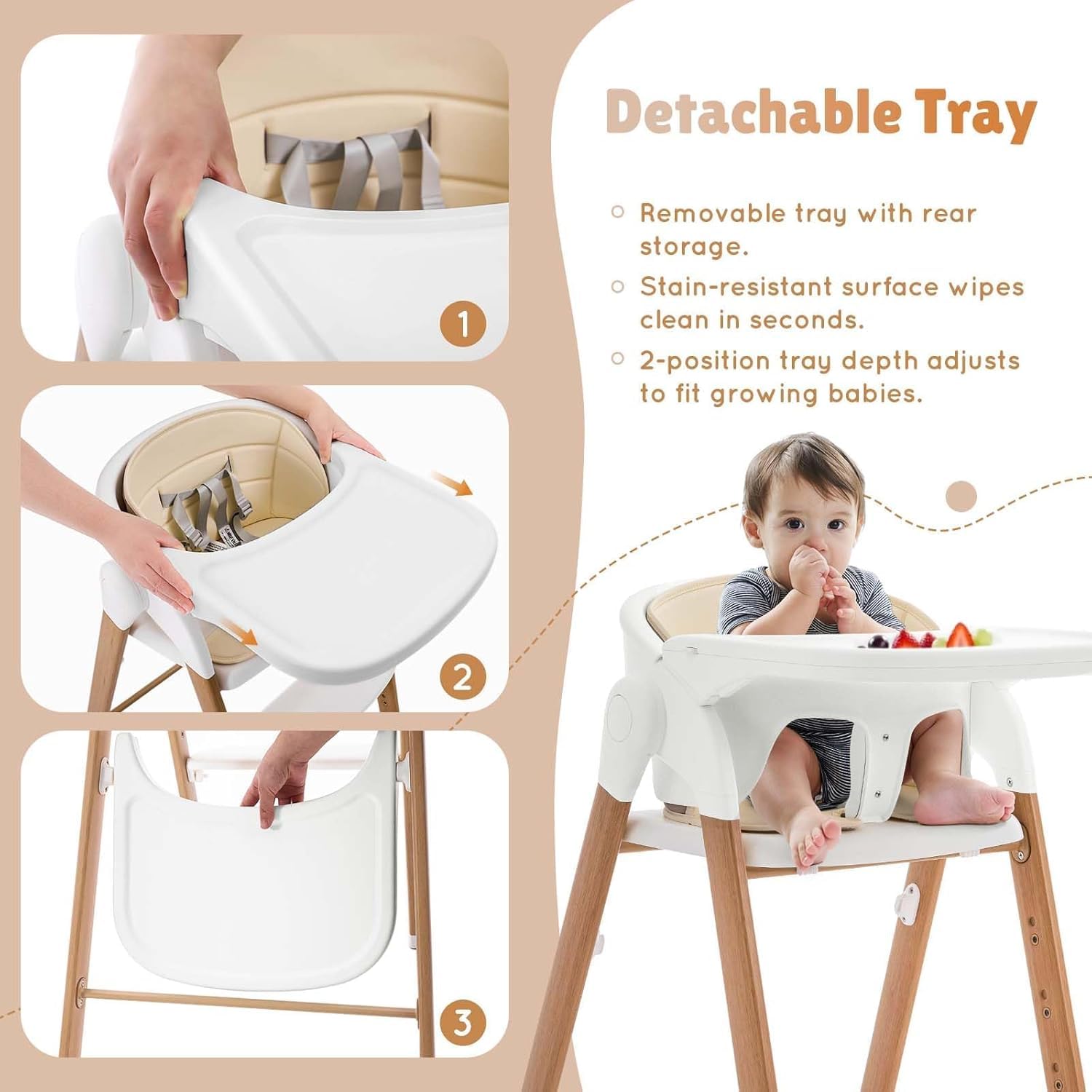 Convertible High Chairs for Babies & Toddlers. 5-in-1 Adjustable High Chair with Removable Tray, Easy to Clean, Portable (Khaki)