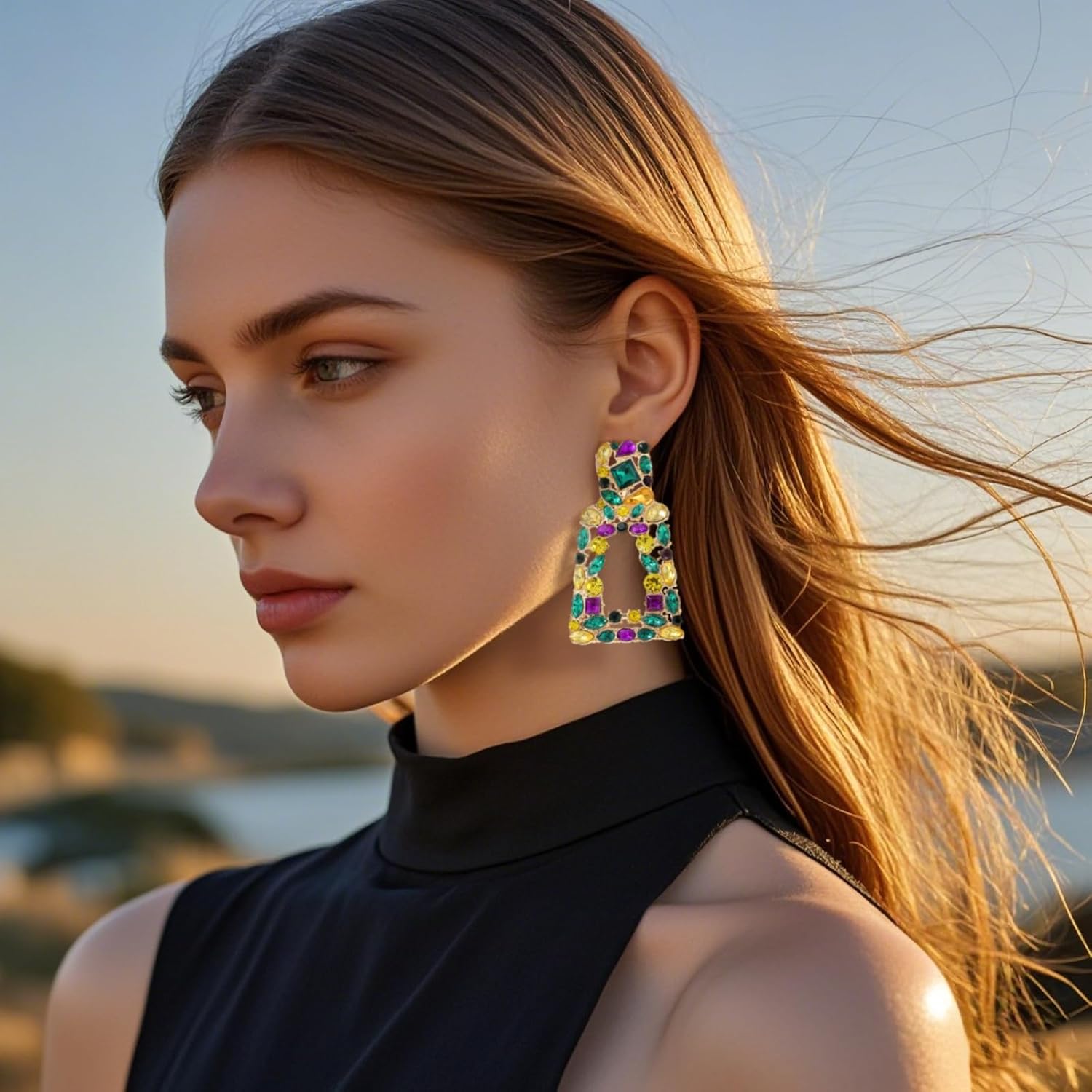 Rhinestone Rectangle Dangle Statement Earrings Trendy Crystal Geometric Drop Earrings hypoallergenic for Women - Image 8