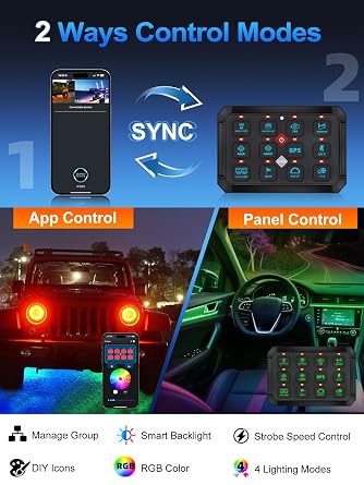 MAYELLO 8 Gang Switch Panel 12-24V Bluetooth RGB Switch Pod with Backlit Off Toggle Momentary Pulsed Flash Auxiliary Switch Panel for Truck SUV ATV Marine RV Multifunction Control Relay System Box