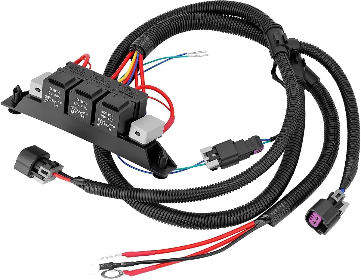 674-00923 Dual Speed Electric Fan Control Wiring Harness Kit with Relay | Compatible with Chevy Avalanche Silverado Suburban Cadillac Escalade GMC Sierra Yukon 1999-2007 Retrofit Stand Alone Fan Wire
