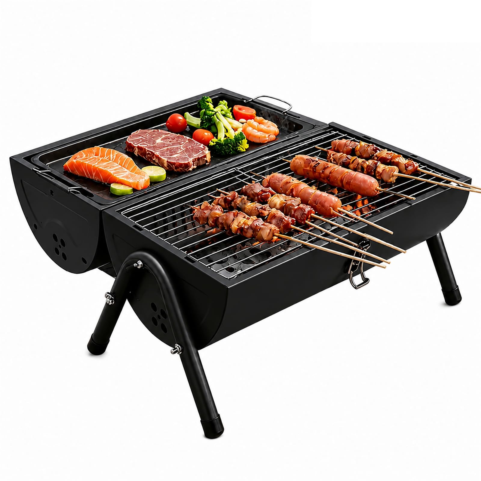 hKjPlvf portable Charcoal BBQ Grill Stainless Steel Foldable Dual Function Barbecue Grill with Griddle Pan Outdoor Camping Grill for Picnic Backyard Party 42.5cm Black and Beige 2 Colors Black