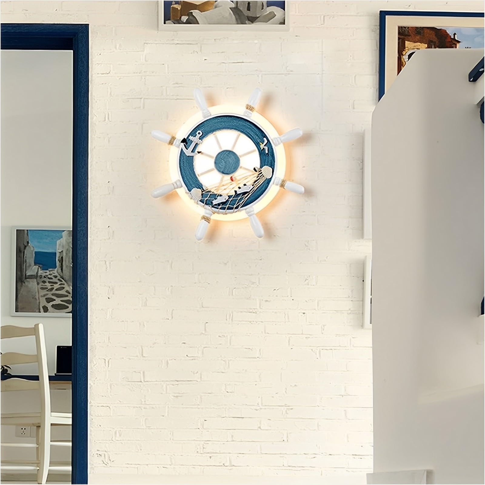 Lampe Murale LED Moderne pour Chambre d'enfant Lampe Murale en Bois avec Volant et gouvernail de Bateau Applique Murale pour arrière-Plan de café Chambre d'enfant