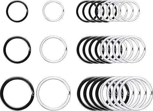 Outus Llavero redondo plano de metal dividido para la organización de llaves del automóvil del hogar, 30 piezas (negro, plata, 34 pulgadas, 1