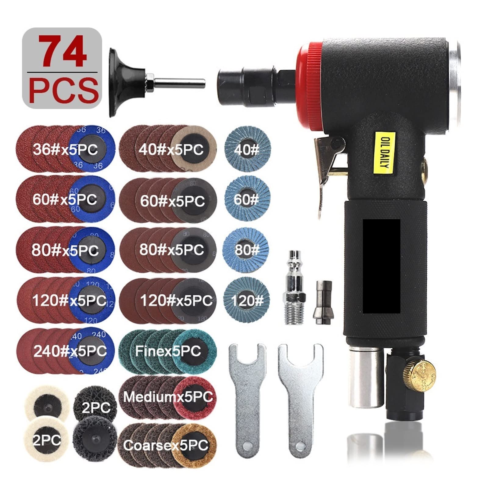 LNHHG Air Sander Pneumatic Engraving Machine 1/4inch 1/8inch 90Degree Polisher Mini Angle For Mill Grinding Polishing Hand Tools Set(Black 74 Pcs set)