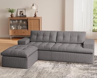 Cloud Sectional Boneless Sofa with Ottoman, Modular L Shaped Couch with Layered Cushion, Fluffy Comfy Couches for Living Room, No Assembly, Grey