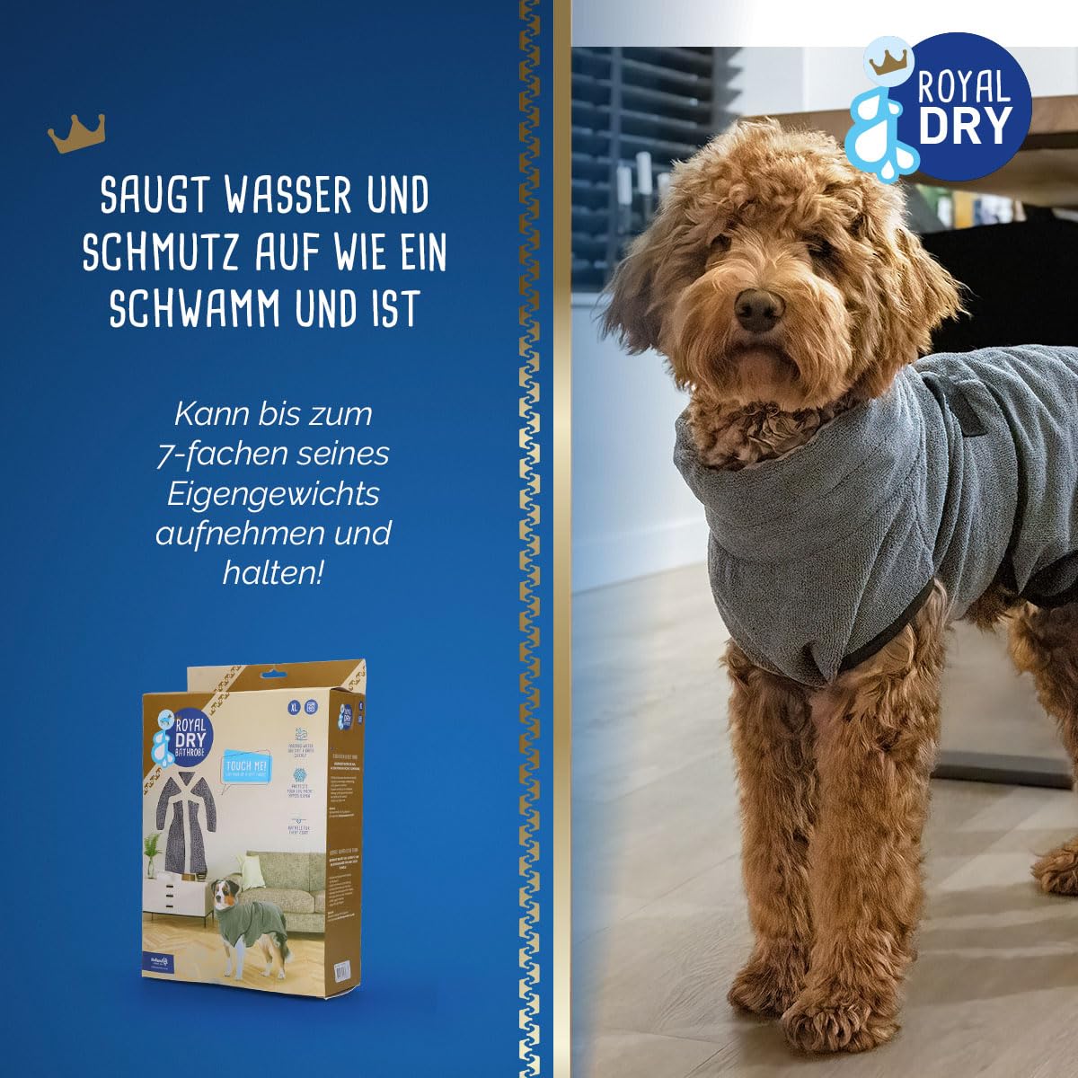 Bademantel Hund XL - Rückenlänge 70-80 cm - Hundehandtuch - Mikrofase - Hundebademantel für große Hunde - Schnell Trocknendes mit Klettverschluss - Grau