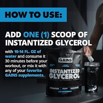 Gains in Bulk Instantized Glycerol Powder, Pre Workout Formula for Muscle Recovery, Pump and Hydration Support, Workout Supplement for Men and Women, Sugar Free, Non-Clumping, Unflavored, 80 Servings