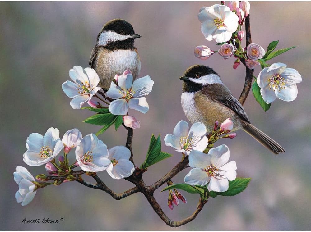 Bits and Pieces - Cherry Blossom Chickadees 500 Piece Jigsaw Puzzles for Adults - Each Puzzle Measures 18 Inch x 24 inch - 500 pc Jigsaws by Artist Russell Cobane