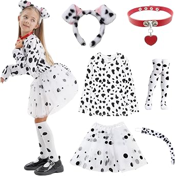 101 Dalmatian Costumes Kids, Girls Shirt Tutu Outfit Ears Headband Socks Accessories for 101st Day Of School