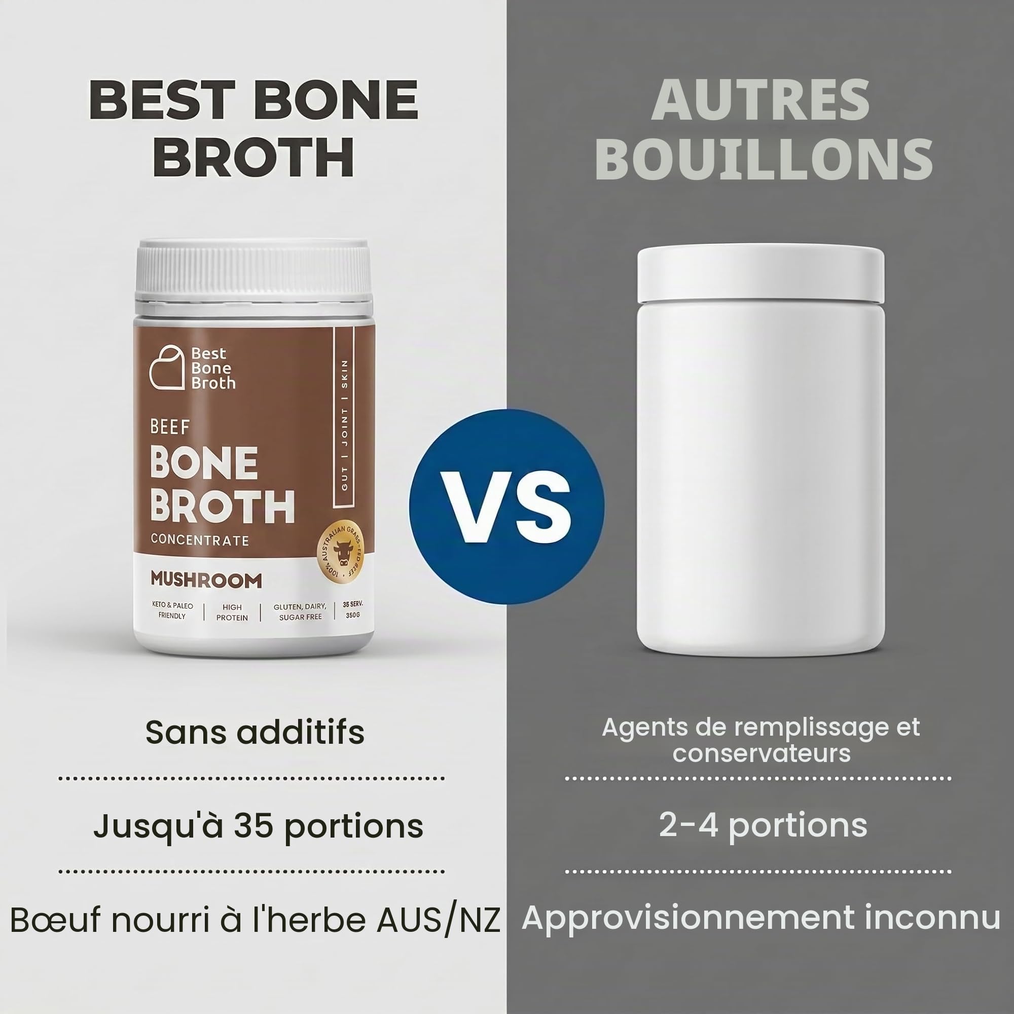 Concentré de bouillon d'os de bœuf nourri à l'herbe avec champignons | Keto, riche en protéines, sans gluten | 35 portions / 8,7 litres