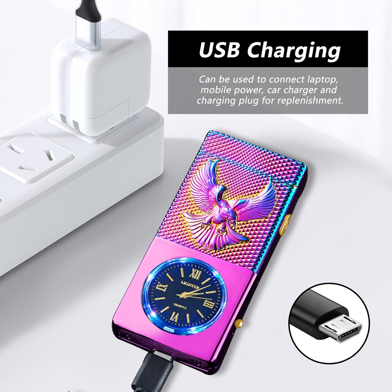 Electric Lighter USB Rechargeable Lighter, Windproof Plasma Dual Arc Lighters, Flameless Cool Clock Lighters with LED Battery Indication for Candles, Incense Stick, Outdoor Use (Magic, Eagle)