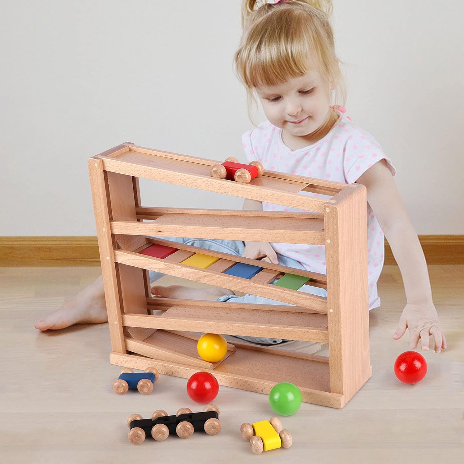 Car Track For Toddlers 1-3 Qilay Wooden Race Track Toy 5-Level