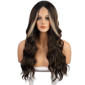 Wiginway Long Brown Wavy wig, Middle Part Synthetic Wig for Women, Body Wave Lace Front Wig for Daily Party Use, Brown Mixed Blonde, 24inch