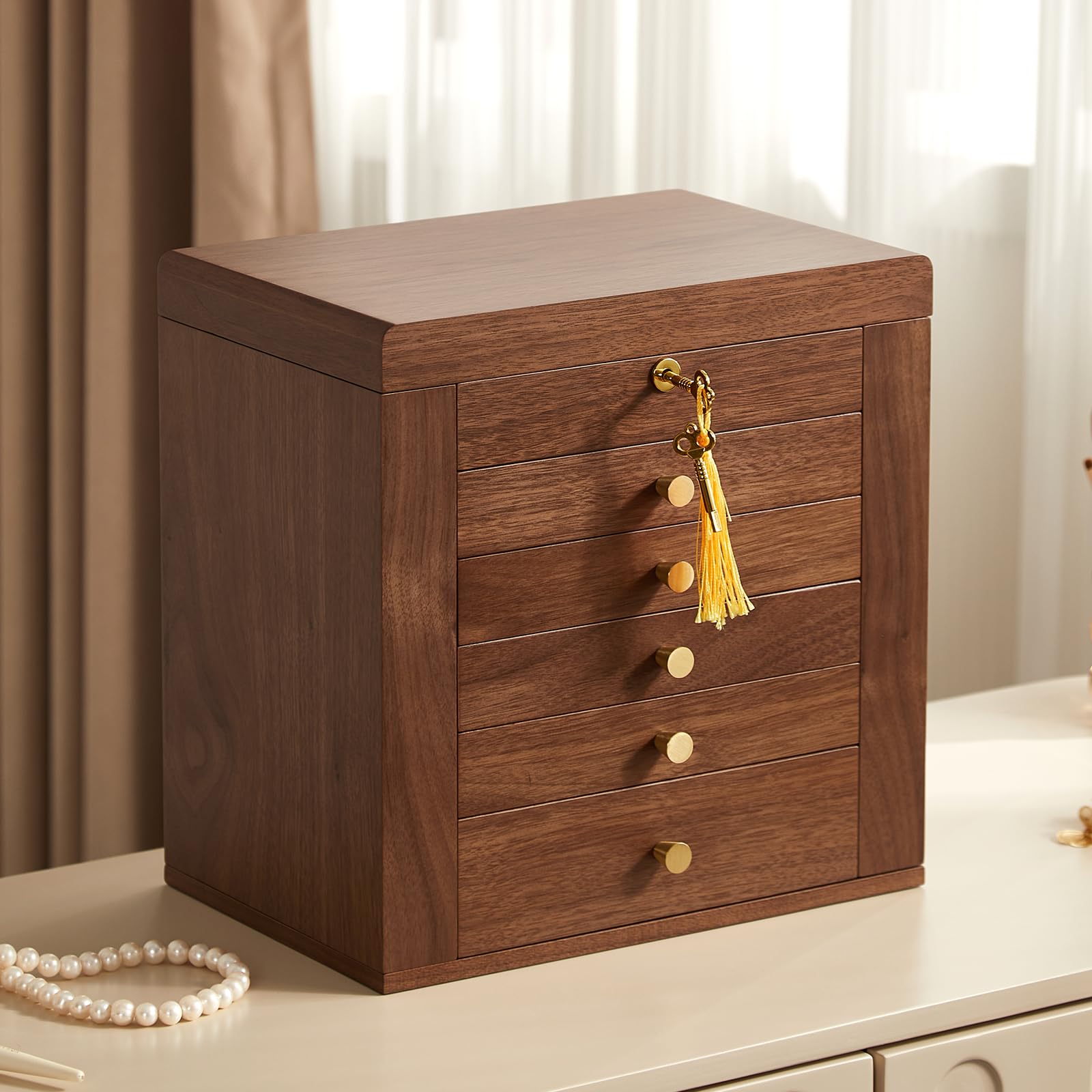 Black Walnut Wooden Jewelry Box, 6 Layer Wood Jewelry Organizer with 2 Side Doors Mirror Lockable Classical Style for Watch Necklace Ring Earring Storage Gifts