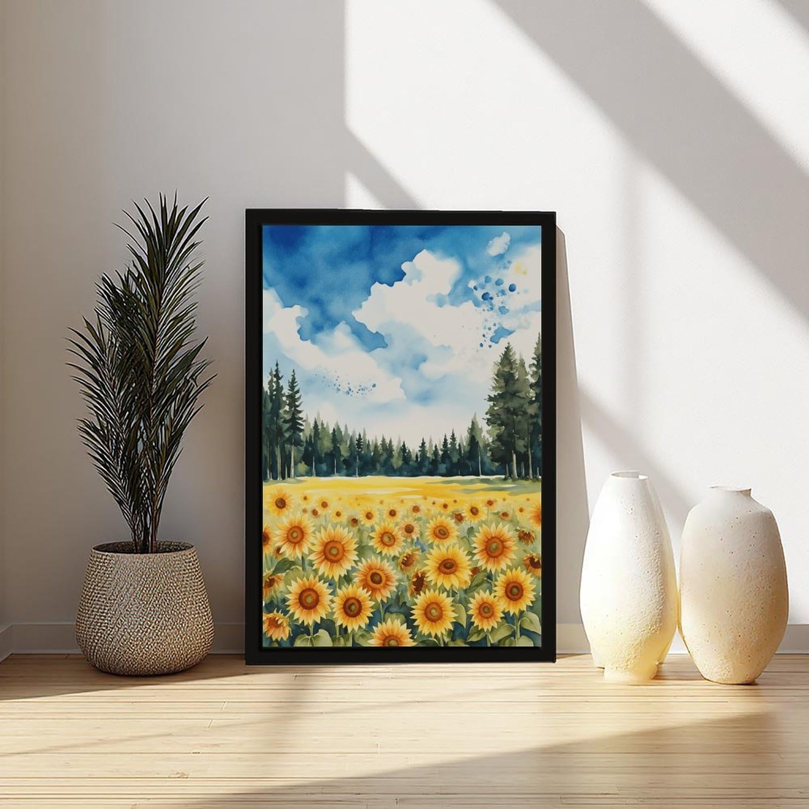 Mnyuein Póster de paisaje de verano de flores silvestres vibrantes, lienzo para decoración de pared, pinturas para sala de estar, dormitorio, marco negro, 30,5 cm de largo x 45,7 cm de ancho