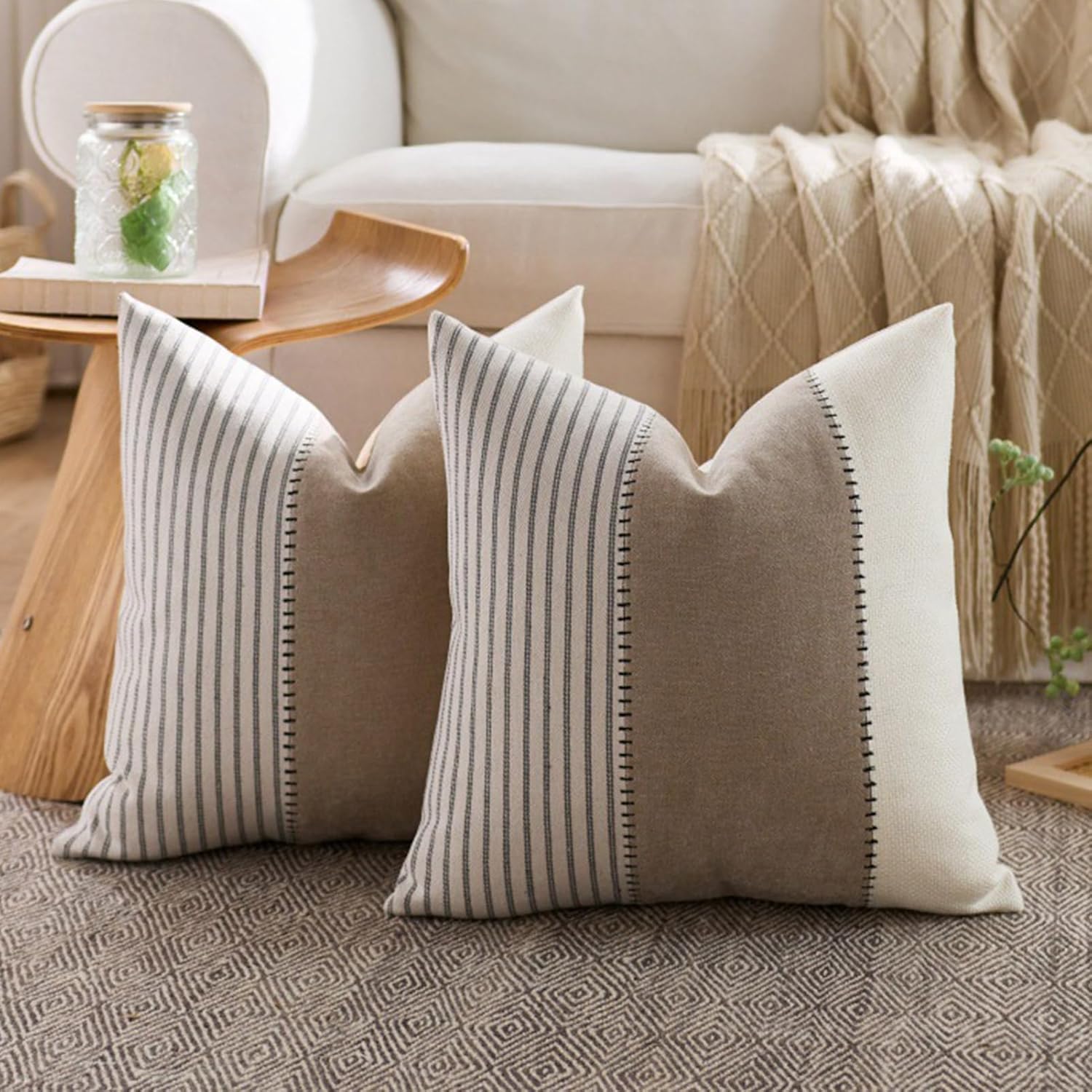 Striped Patchwork Pillow Covers Neutral Linen Square Cushion Cover Modern Simple Pillow Case for Sofa Bed Living Room Bedroom Hotel Grey 18x18