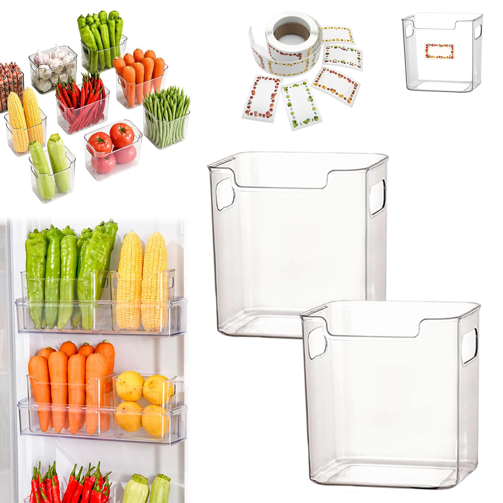 Crystal Clear Freezer Storage Bins, Stackable Plastic Fridge Storage Containers with Handles, Refrigerator & Kitchen Pantry Organizer for Snack Organization for Refrigerator, Cabinet (Clear,2 * S)