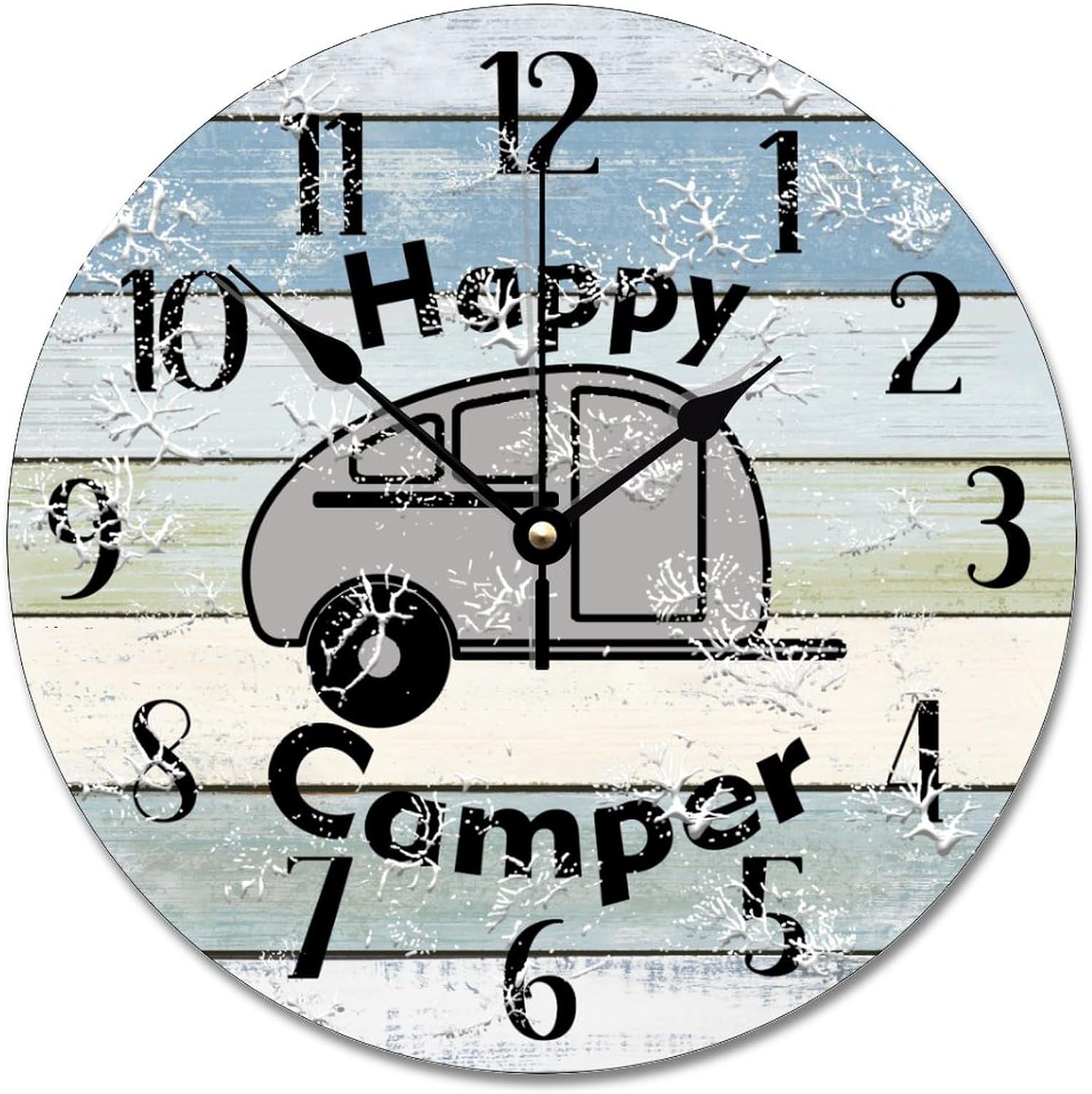 ArogGeld Summer Camping Wall Clock Happy Camper Wooden Wall Clocks Battery Operated 12 Inch Silent Non-Ticking Time Clock Modern Wall Art Farmhouse Home Decor for Kitchen Bedroom Living Room