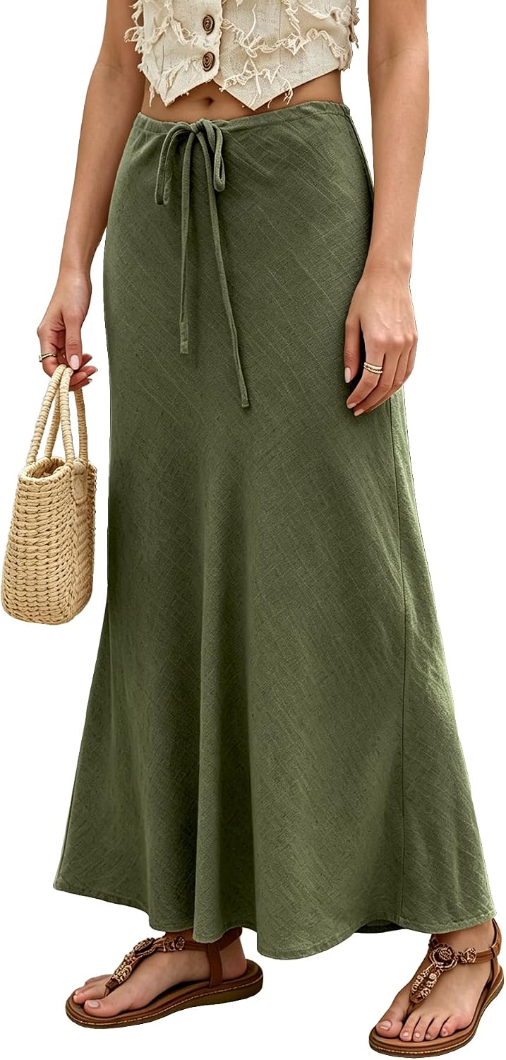 Women's Linen Maxi Skirt Drawstring High Waisted Flared Casual A-Line Linen Long Skirts for Women