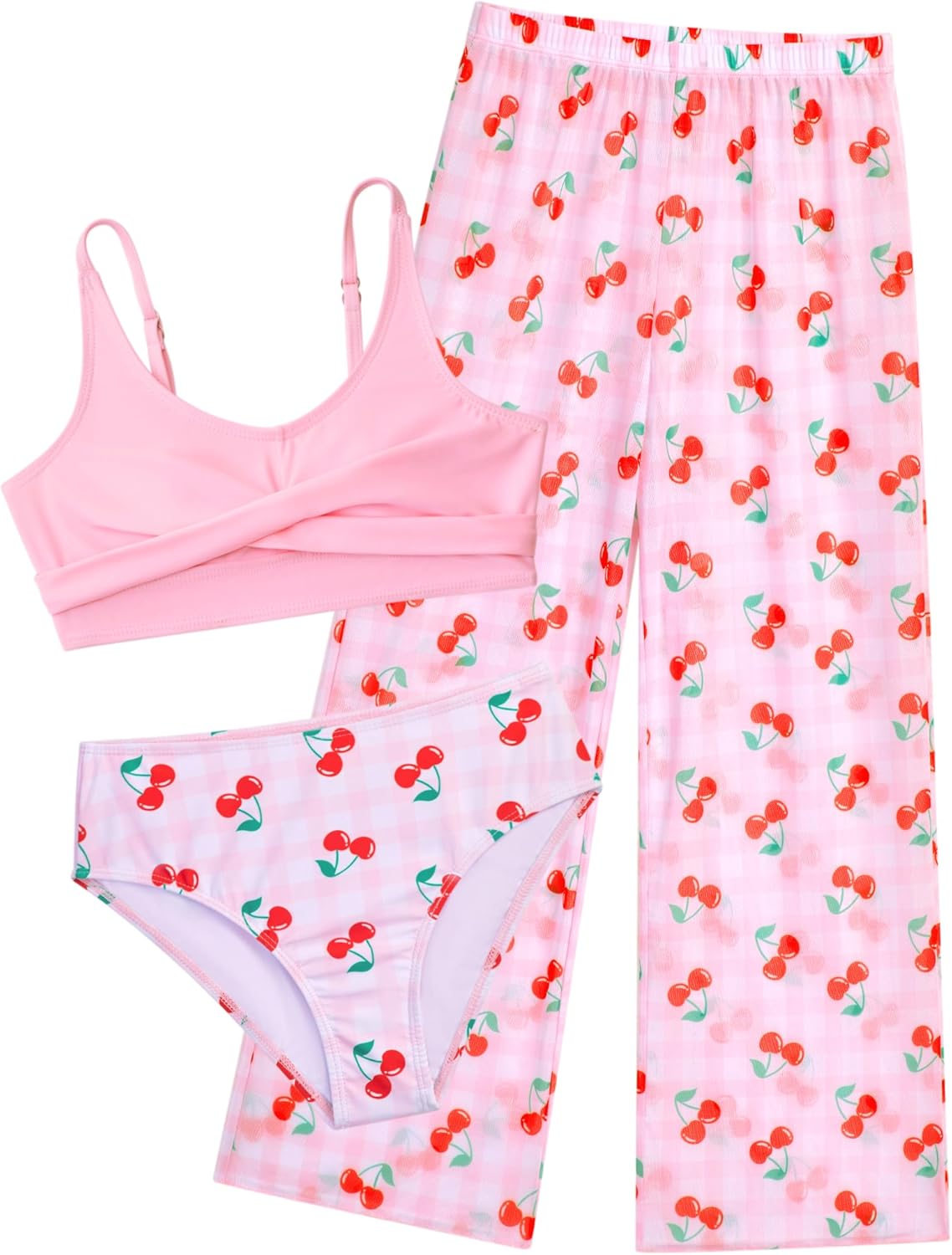 Girls Swimsuit 3 Piece Bikini Bathing Suit Criss Cross Swimwear Sets with Mesh Cover Up Pants 6-16Y