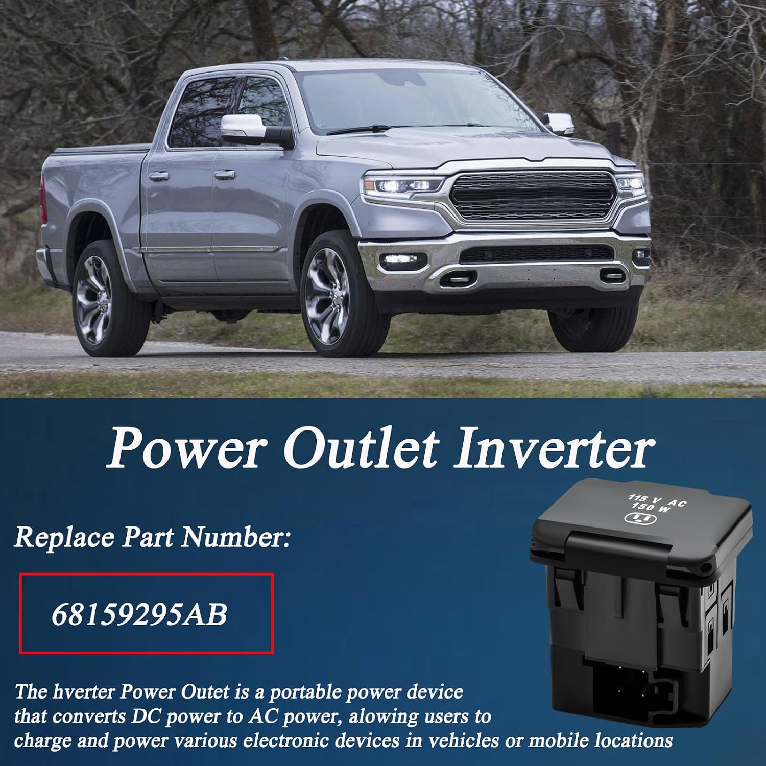 Power Outlet Inverter Compatible with Dodge Ram 1500 2500 3500 4500/5500 2013-2016, Inverter Power Outlet Replace# 68159295AB