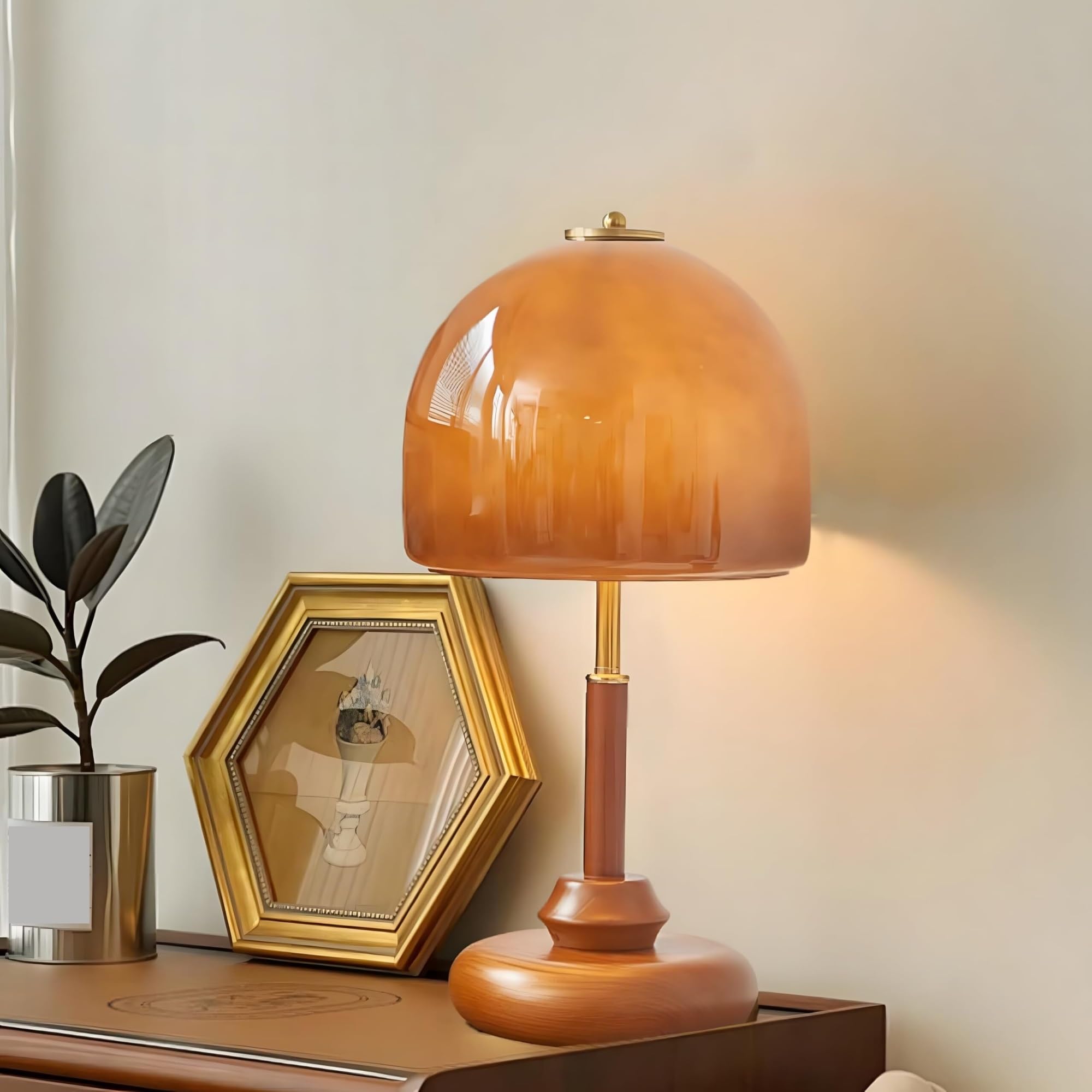 Khukhu Brown Modern Table Lamp,Gradient Orange Mushroom Glass Desk Lamp(Brown)