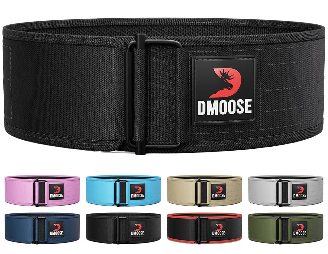 DMoose Fitness Weight Lifting Belt - Auto Locking 4" Nylon Gym Belt with Adjustable Buckle - Provides Lumbar Support & Stability for Olympic Training, WOD & Cross Training for Men & Women