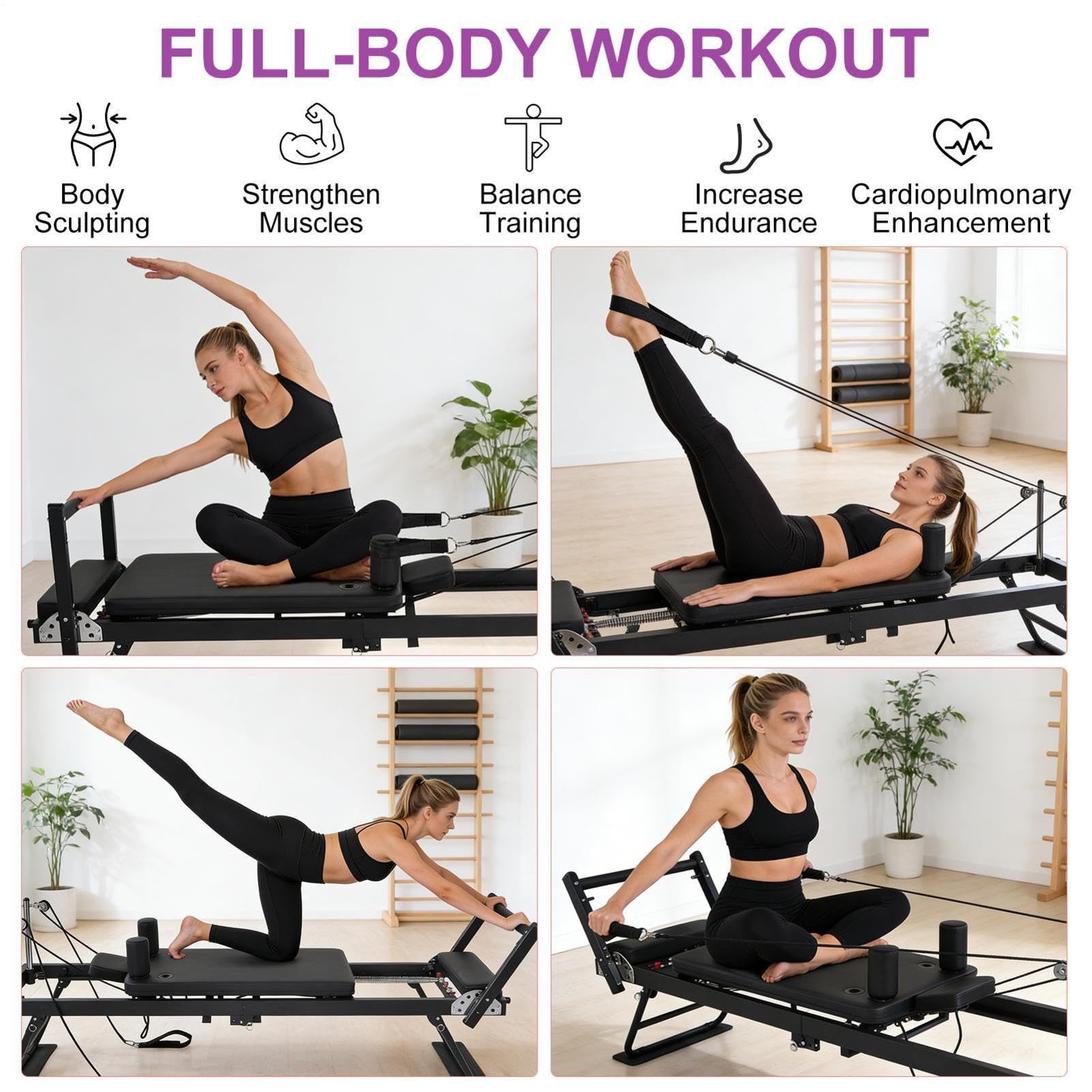 Nuovo modello di Reformer Pilates pieghevole, con 11 livelli di resistenza e carrucole, portata massima fino a 136 kg, ideale per uso domestico e in palestra