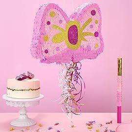 WERNNSAI Pink Bow Piata - Girls Birthday Party Decoration Bow Tie Piata with Blindfold and Bat for Kids Princess Theme Party Supplies favors